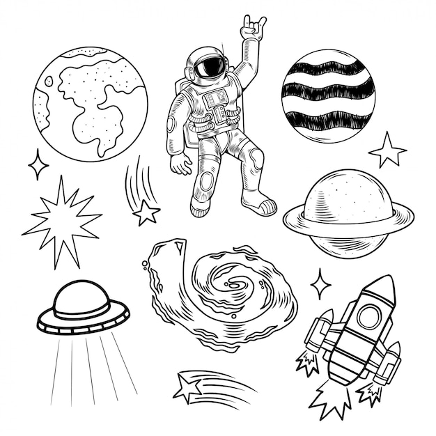 Zestaw Przestrzeni Kosmicznej Do Grawerowania Planetami, Gwiazdami, Kosmonautą, Astronautą, Ufo, Rakietą, Galaktyką I Meteorytem. Ilustracja Kreskówka Nowoczesny Doodle.