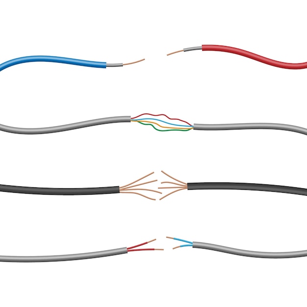 Zestaw przewodów elektrycznych kabel na białym tle, ilustracji wektorowych