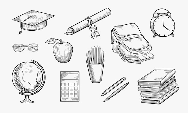 Plik wektorowy zestaw przyborów szkolnych ręcznie rysowany szkic ilustracji wektorowych plecak książki kalkulator czapka dyplomowa kula doodle ikony elementy projektu edukacji izolowane na białym tle