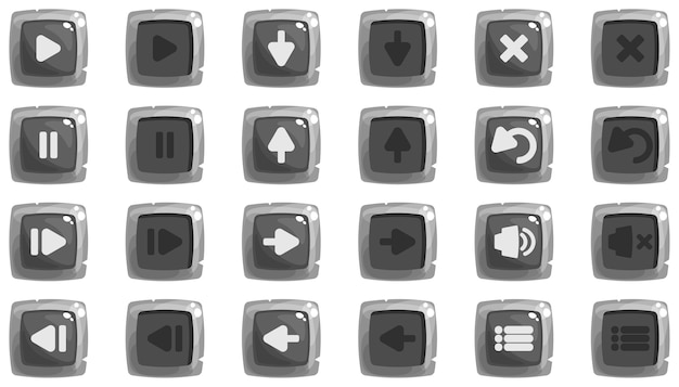 Plik wektorowy zestaw przycisków kreskówek z ikoną. zestaw ikon w kolorze szarym w dwóch pozycjach, monochromatyczny.