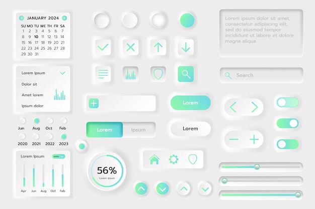 Zestaw przycisków UI Neomorficzna aplikacja odizolowane elementy kalendarz Obiekty UX mobilny interfejs internetowy szablon aplikacja ikona zestaw ekran z przyciskami narzędzia i schematy deska rozdzielcza dla menu wektorowego GUI