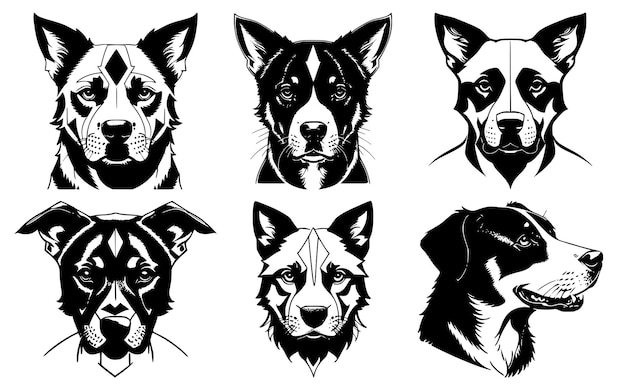 Zestaw psich głów ze spokojnymi wyrazami pyska Symbole emblematu tatuażu lub logo izolowane na białym tle