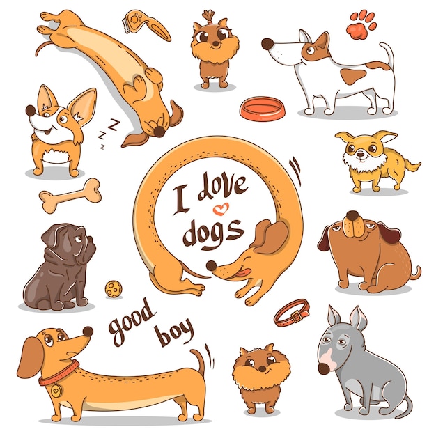 Zestaw psów różnych ras w stylu doodle