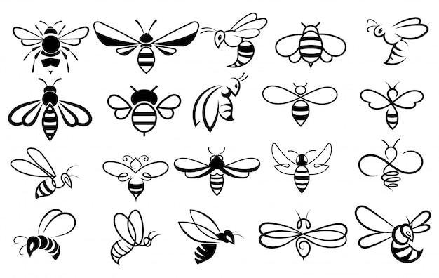 Plik wektorowy zestaw pszczół. kolekcja stylizowanych pszczół miodnych