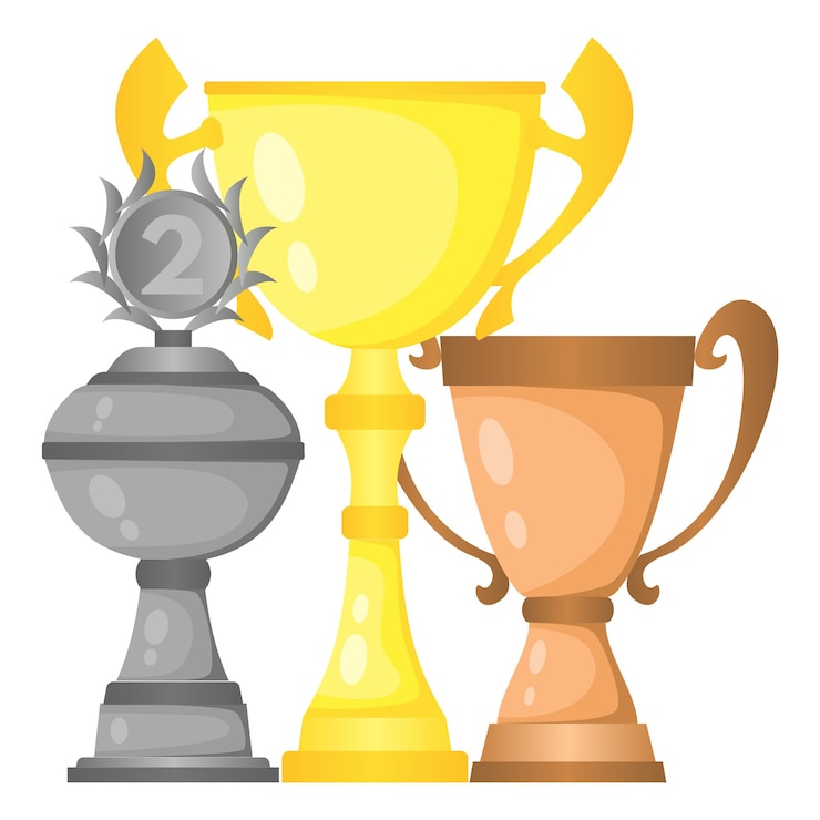 Wektor zestaw pucharów mistrza trofeum wektorowe w kolorze złotym, srebrnym i brązowym. nagrody w mistrzostwach za pierwsze, drugie i trzecie miejsce. symbole zwycięstwa na białym tle.
