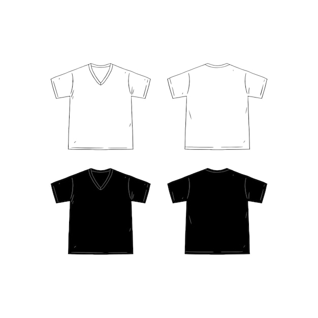 Zestaw pustego szablonu projektu koszulki vneck ręcznie rysowane ilustracji wektorowych Przednie i tylne boki koszuli