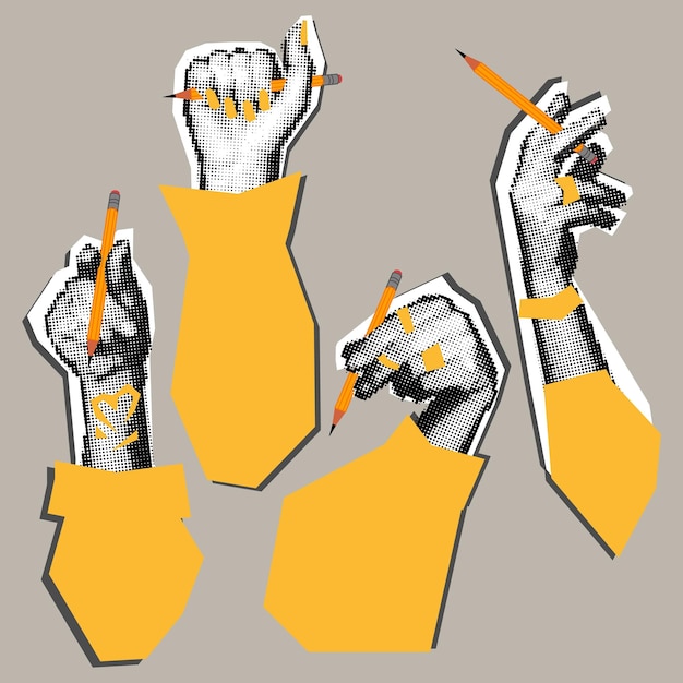 Zestaw rąk z ołówkiem w stylu pop art grunge collage Ręce wektorowe ołówek modny