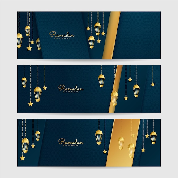 Plik wektorowy zestaw ramadanu latarnia ciemnoniebieski złoty kolorowy szeroki sztandar wzór tła
