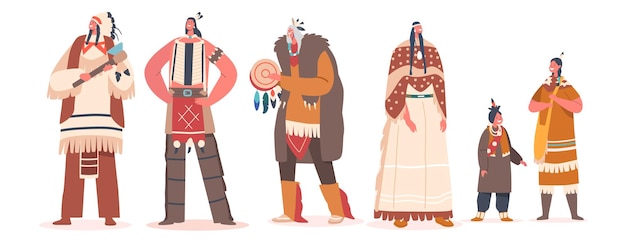 Plik wektorowy zestaw rdzennych postaci indian amerykańskich wojownik mężczyźni kobiety i dzieci wódz lub szaman osoby aborygeńskie
