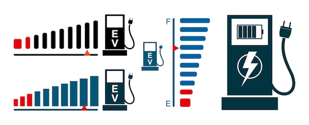 Zestaw Realistycznego Wskaźnika ładowania Samochodu Elektrycznego Lub Stacji ładowania Z Samochodem Elektrycznym Lub Paliwem