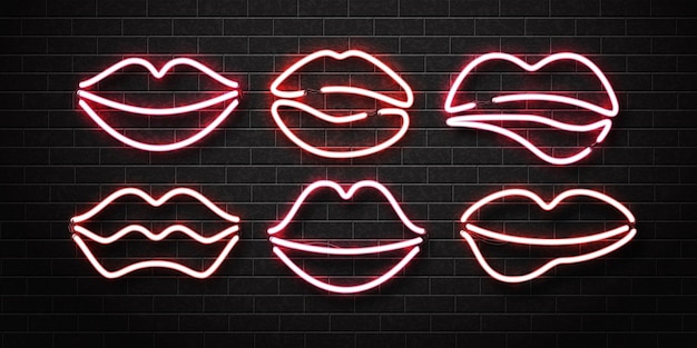 Zestaw Realistyczny Na Białym Tle Neon Znak Logo Lips Na ścianie.