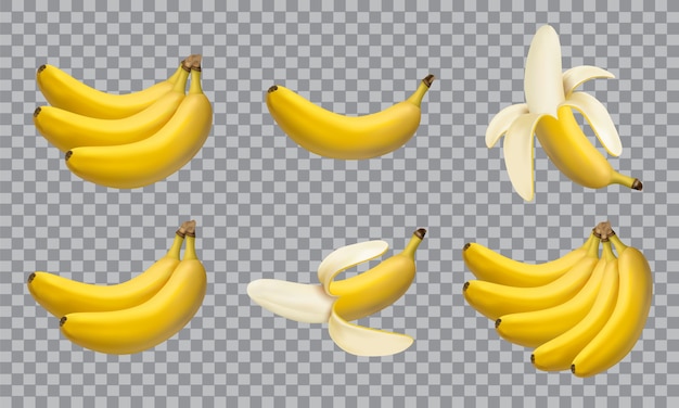 Zestaw realistycznych bananów ilustracja, 3d wektorowe ikony