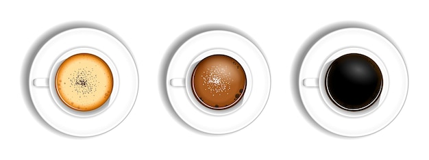 Plik wektorowy zestaw realistycznych filiżanek do kawy z mlekiem na białym tle lub filiżanka kawy w kawiarni z cappucino