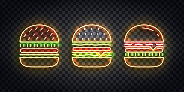 Zestaw Realistycznych Izolowanych Neonów Logo Burger Do Dekoracji Szablonu I Pokrycia Na Przezroczystym Tle. Koncepcja Fast Food, Kawiarni I Restauracji.