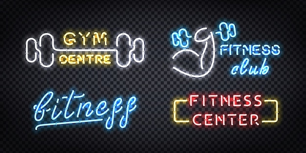 Zestaw Realistycznych Neonów Logo Siłowni I Centrum Fitness Do Dekoracji I Zakrycia Na Przezroczystym Tle.