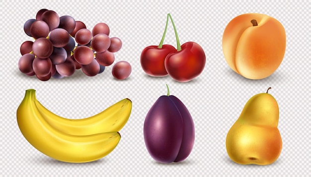 Plik wektorowy zestaw realistycznych owoców na przezroczystym tle. banan, winogrona, wiśnia, brzoskwinia, śliwka, gruszka. zbiór soczystych owoców i jagód 3d. ilustracja wektorowa