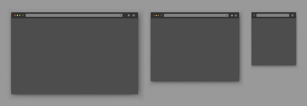 Plik wektorowy zestaw realistycznych pustych szarych okien przeglądarki o różnych kształtach z paskiem narzędzi, paskiem wyszukiwania i