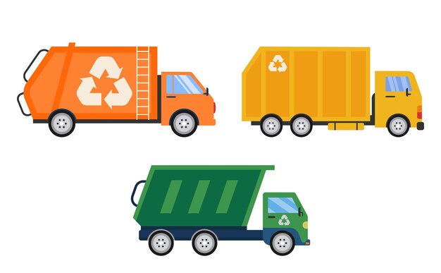 Zestaw Recyklingu Ciężarówek Pomarańczowy żółty Zielony Ilustracja Wektorowa Ciężarówek W Płaskim Stylu