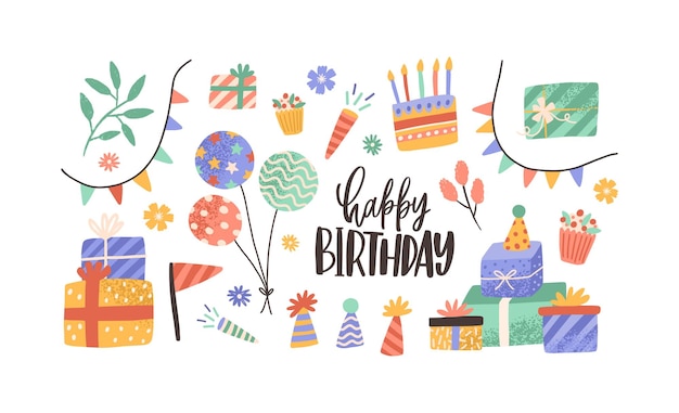 Zestaw ręcznie narysowanych dekoracji z napisem Happy Birthday ilustracja wektorowa płaska Kolekcja czapek stożkowych girlandy flagi prezenty pudełka i balony izolowane obiekty świąteczne z elementami projektowymi