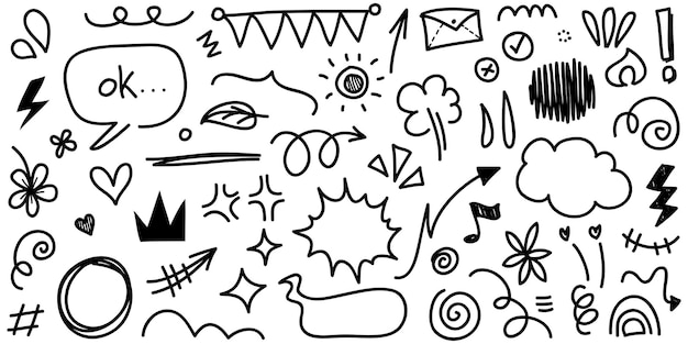 Zestaw ręcznie narysowanych kreskówek wyraz znak kreskówek krzywa kreskówka strzały kierunkowe efekty emotikonów elementy projektowe postacie kreskówek symbole emocji urocze dekoracyjne linie pociągów pędzla