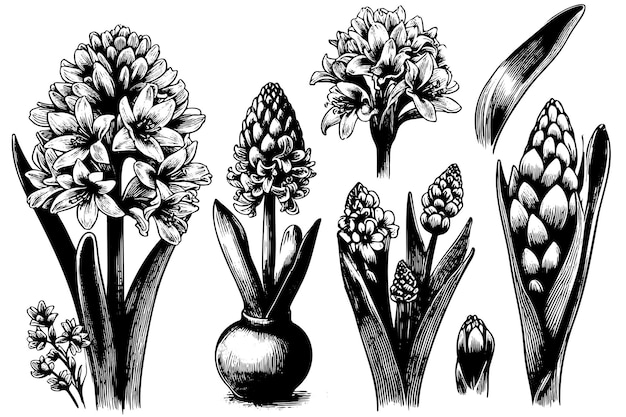Zestaw Ręcznie Narysowanych Kwiatów Wiosennego Hiacyntu Na Wielkanoc Dekoracji Ogrodu Tło Wzornictwo Kwiatowe