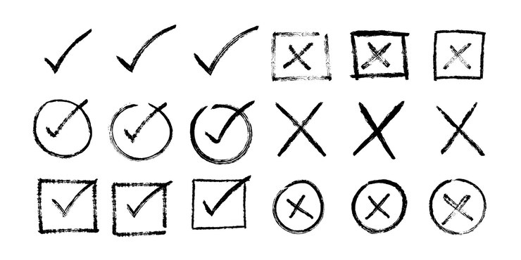 zestaw ręcznie narysowanych symboli doodle lista kontrolna znak kontrolny krzyżowy zestaw ilustracji wektorowej