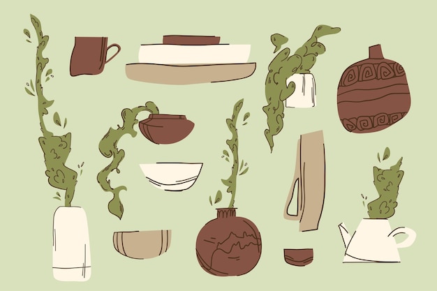 Plik wektorowy zestaw ręcznie robionej ceramiki z roślinami i bez w płaskim stylu na zielonym tle
