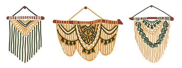 Zestaw ręcznie robionych zawieszek ściennych boho makrama DIY elementy wystroju wnętrz proste ręcznie rysowane ilustracji wektorowych