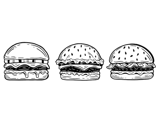 Zestaw Ręcznie Rysowane Burgery Ser Smażyć Kurczaka Opakowania Fast Food Menu Kawiarnia Restauracje ilustracja