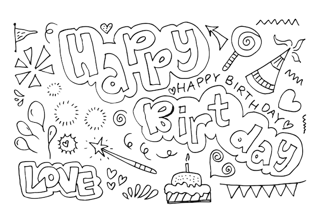 Zestaw ręcznie rysowane doodle kreskówka obiekty i symbole na przyjęciu urodzinowym