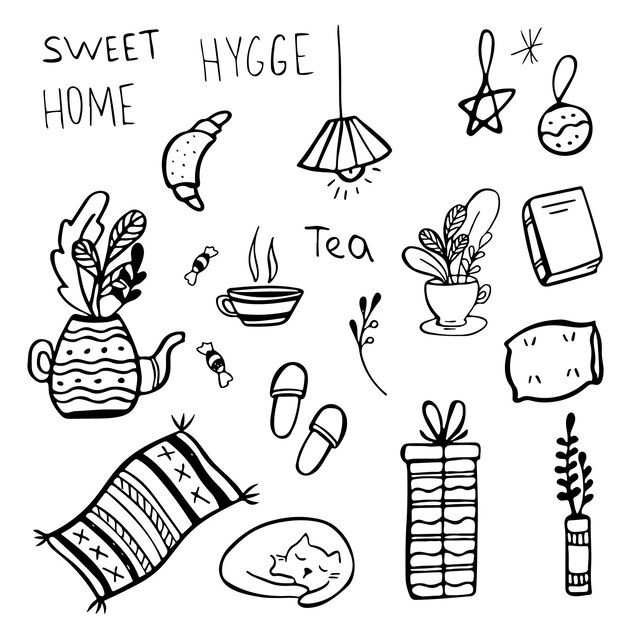 Zestaw ręcznie rysowane elementy domu hygge gryzmoły w wektorze