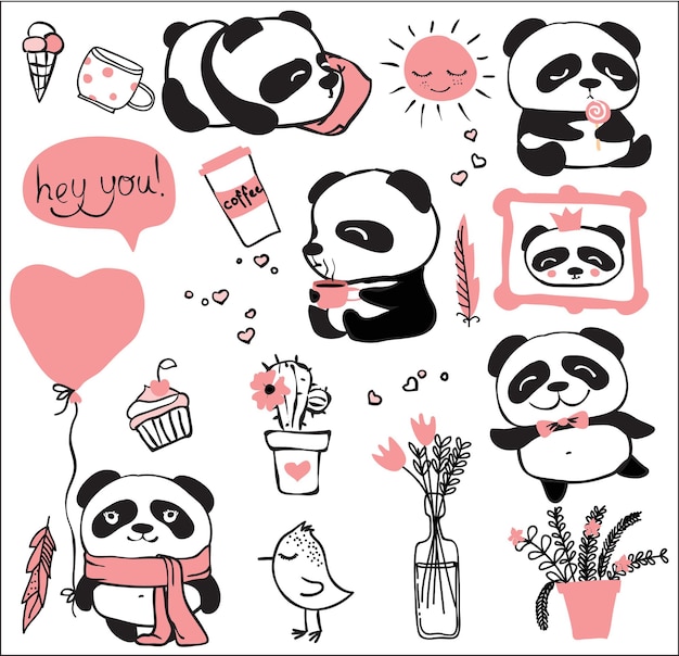 Zestaw ręcznie rysowane gryzmoły panda, miś panda w różnych pozycjach i emocjach
