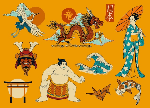 Plik wektorowy zestaw ręcznie rysowane japoński obiekt w stylu vintage color