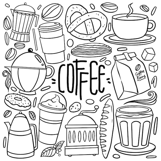 Zestaw ręcznie rysowane kawiarnia tematu na białym tle doodle zestaw do kawy i piekarnia dla kawiarni menu, w tym element dostawy i sprzęt ilustracja wektorowa