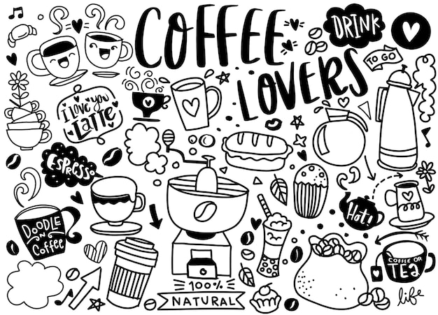 Zestaw Ręcznie Rysowane Kawy I Pyszne Słodycze. Ilustracji Wektorowych