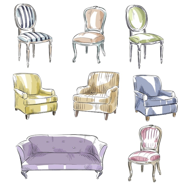 Plik wektorowy zestaw ręcznie rysowane krzesła i sofy, ilustracji wektorowych