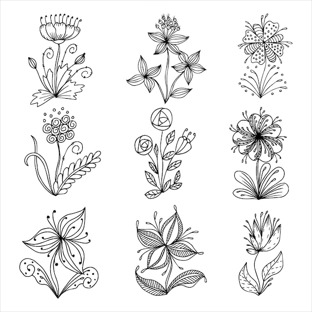 Zestaw Ręcznie Rysowane Kwiaty Pojedyncze Elementy Doodle Do Kolorowania, Czarno-biały Obraz Wektorowy