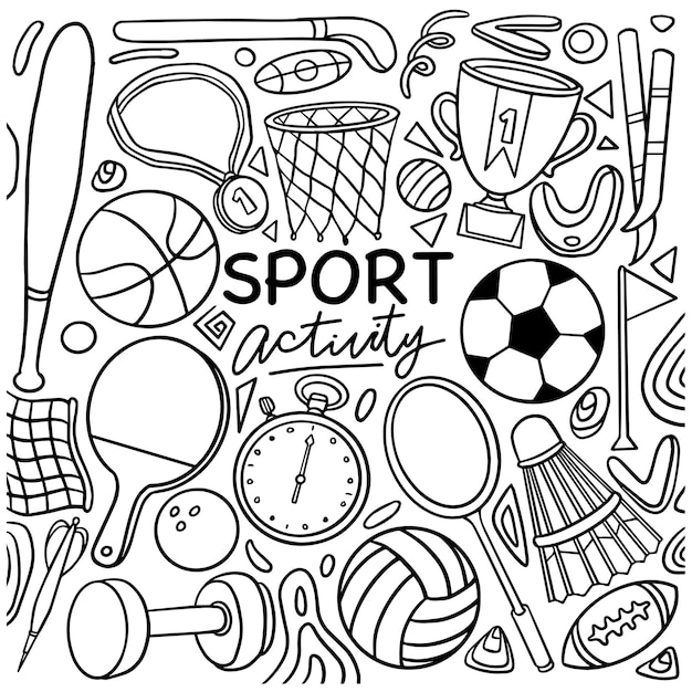 Zestaw Ręcznie Rysowane Motywu Sportowego Na Białym Tle Doodle Zestaw Motywu Sportowego Ilustracja Wektorowa