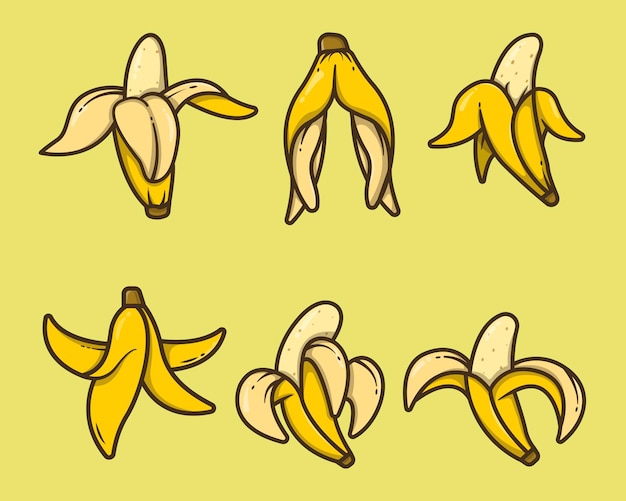 Zestaw Ręcznie Rysowane Różnych Bananów W Stylu Doodle Kreskówka