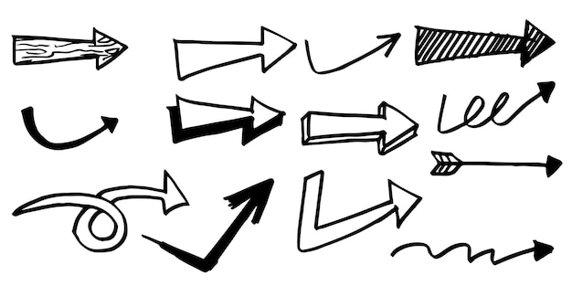 Zestaw ręcznie rysowane strzałki na białym tle. dla biznesu infografiki, banerów, sieci web i koncepcji. Elementy projektu doodle wektor.