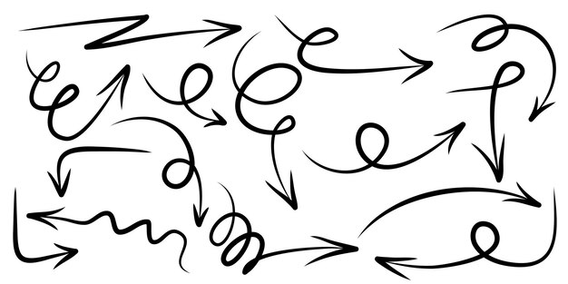 Zestaw ręcznie rysowane strzałki na białym tle. dla biznesu infografiki, banerów, sieci web i koncepcji. Elementy projektu doodle wektor.