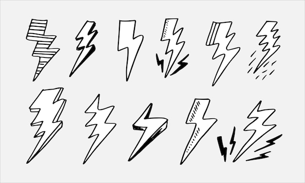 Zestaw Ręcznie Rysowane Wektor Doodle Elektryczny Symbol Błyskawicy Szkic Ilustracje Symbol Grzmotu Doodle Ikona