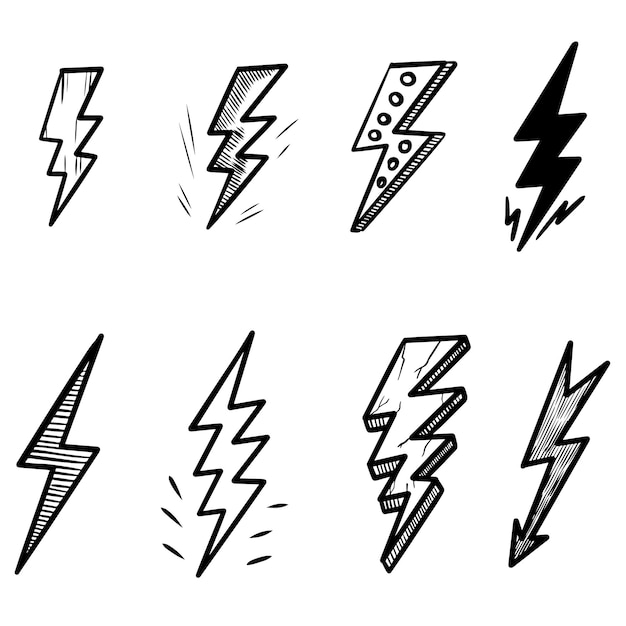 Zestaw Ręcznie Rysowane Wektor Doodle Elektryczny Symbol Błyskawicy Szkic Ilustracje