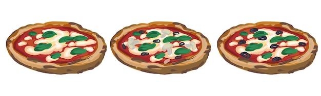 Plik wektorowy zestaw ręcznie rysowane wektor wegańskie pizze z pomidorami, serem mozzarella i liśćmi bazylii.