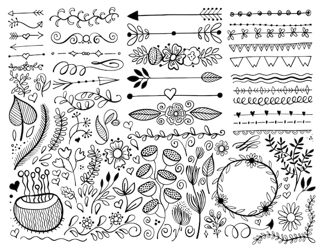 Plik wektorowy zestaw ręcznie rysowanych dzielników stron i elementów ze strzałkami doodle kwiatowy wzór