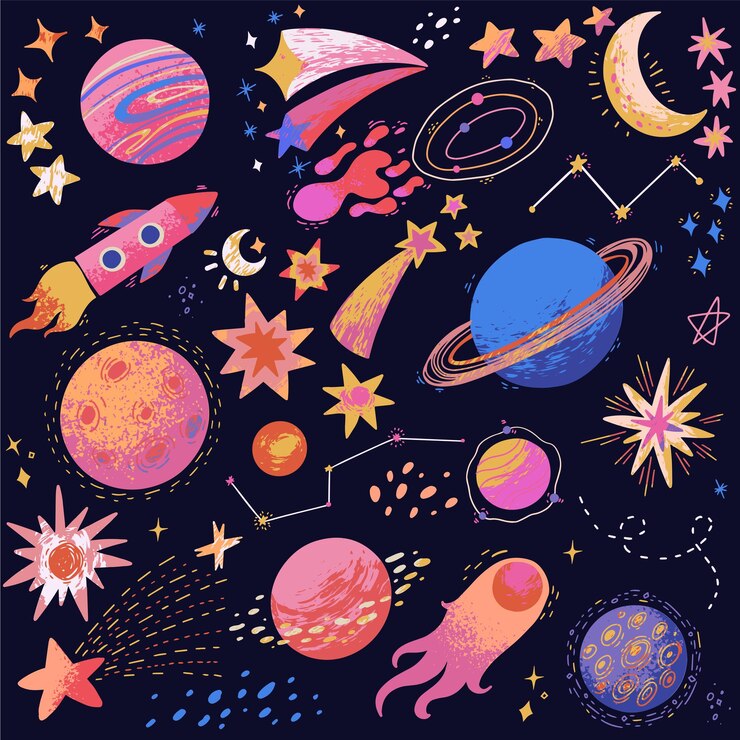 Wektor zestaw ręcznie rysowanych elementów kosmicznych, planet, gwiazd, komet, konstelacji