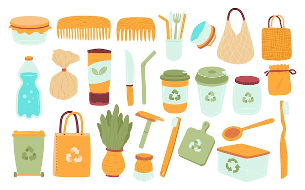 Zestaw Ręcznie Rysowanych Elementów O Zerowej Ilości Odpadów Kolekcje Elementów Styl Ekologiczny Bez Plastiku Przejdź Na Zielono