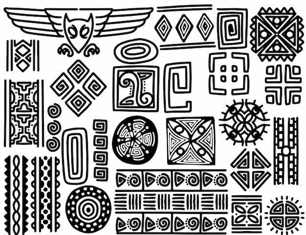 Zestaw ręcznie rysowanych obiektów plemiennych Abstrakcyjne geometryczne ornamenty etniczne pędzle Monochromatyczne na białym tle