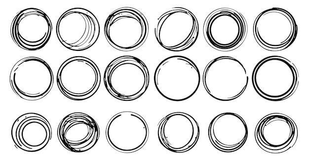 Zestaw ręcznie rysowanych owali lub podświetlonych okręgów w stylu grafiki liniowej