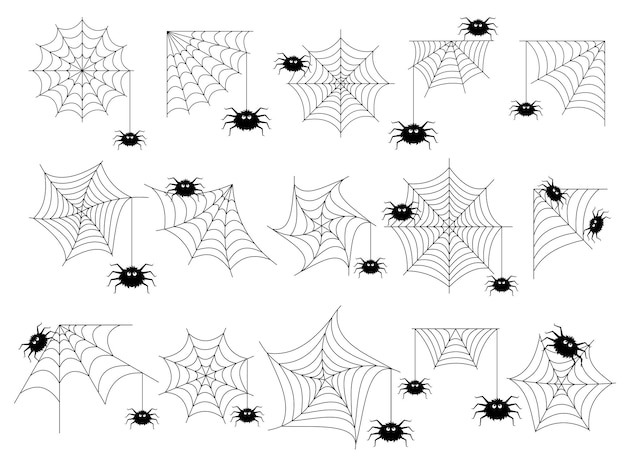 Zestaw ręcznie rysowanych pająków i pająków Halloween Fanny Spider Corner of Torn Web kolekcja Straszna